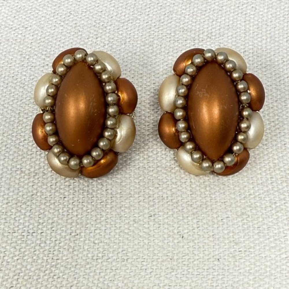 Vintage Beaded Earrings Brown Cream Clip-on Filigree Retro Old Money‎ Style